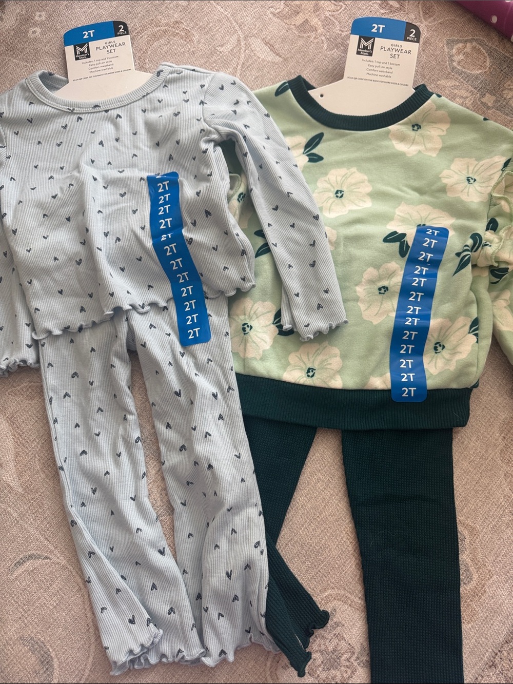 2 Two-Piece Kids play wear Set Light Blue Heart Print & Green Floral (2T) ruffle